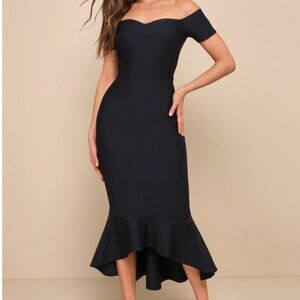 How Much I Care Midnight Blue Off-the-Shoulder Midi Dress- Navy